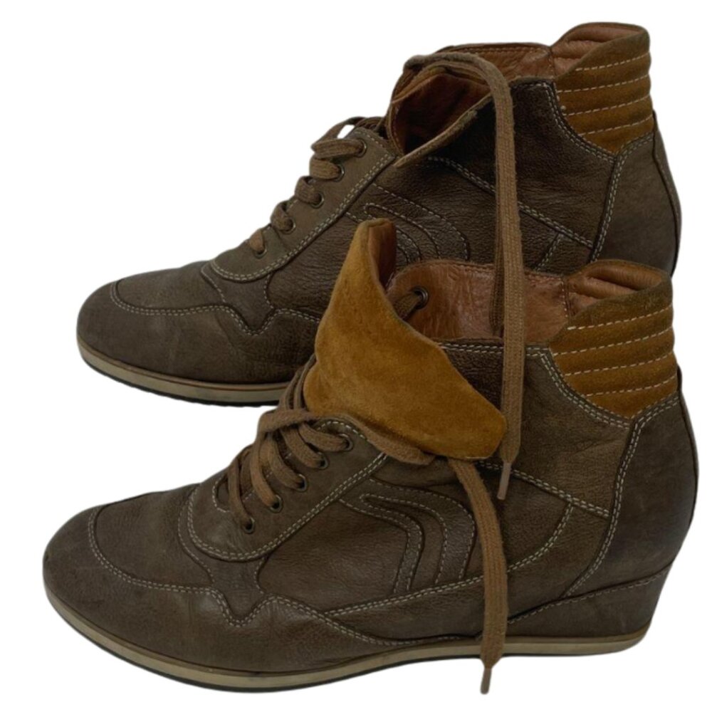 Geox Womens Respira Brown Leather and Suede Lace Up Wedge Sneakers Size EU 40